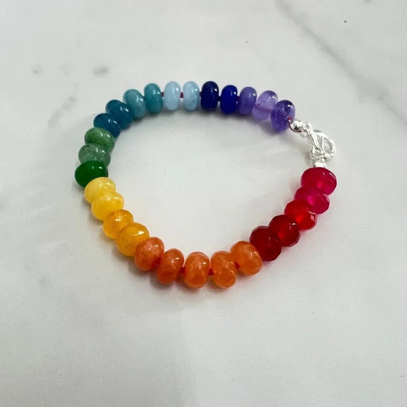 Rainbow Jade Gemstone Bracelet Silver Plated Clasp - Picture 1 of 7